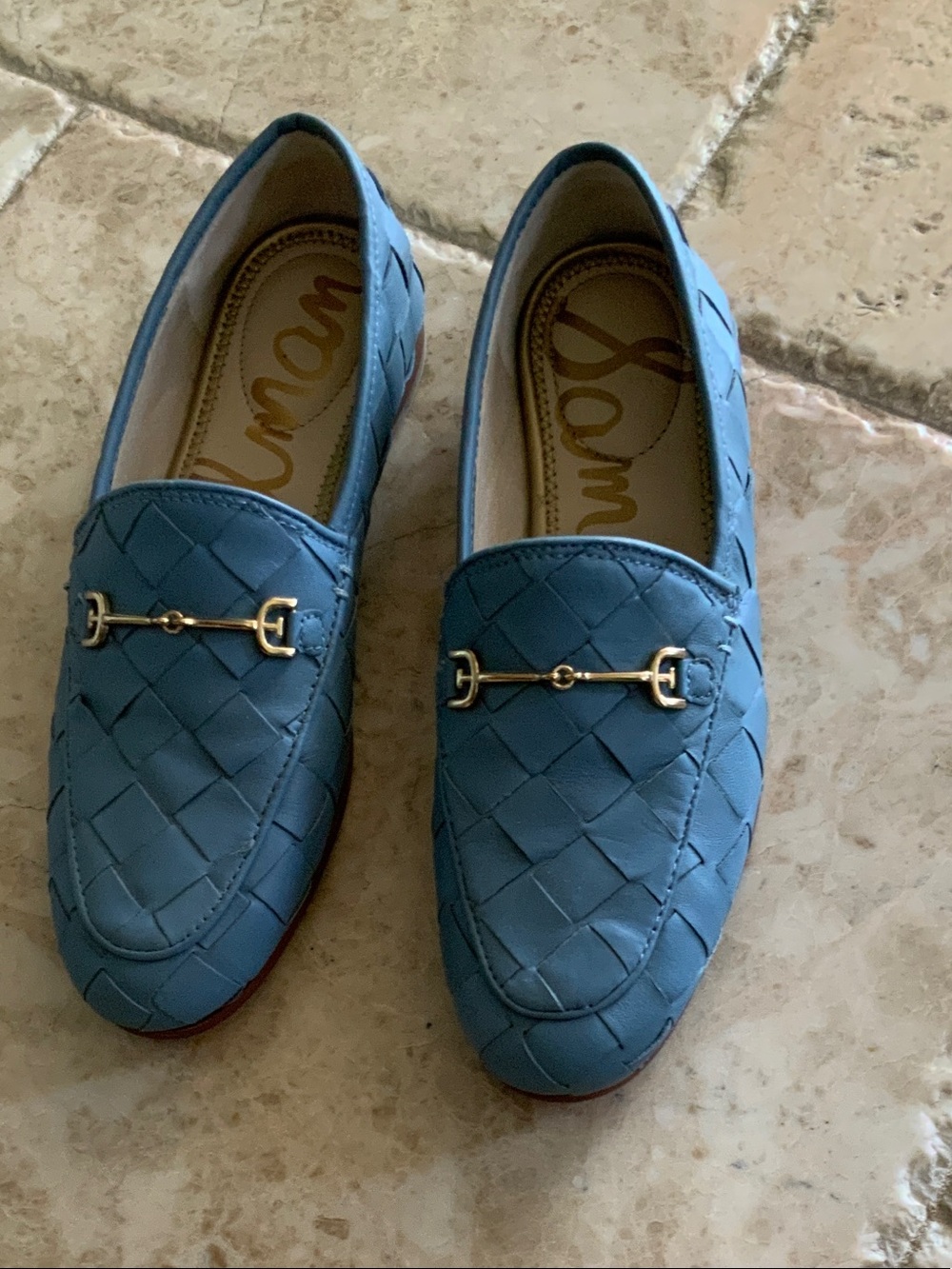 Sam Edelman Quilted Light Blue Loafers with Gold Bit